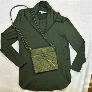 Magnolia Grace XL Cowl Neck Tunic + Woven Crossbody Bag Bundle | Olive Green